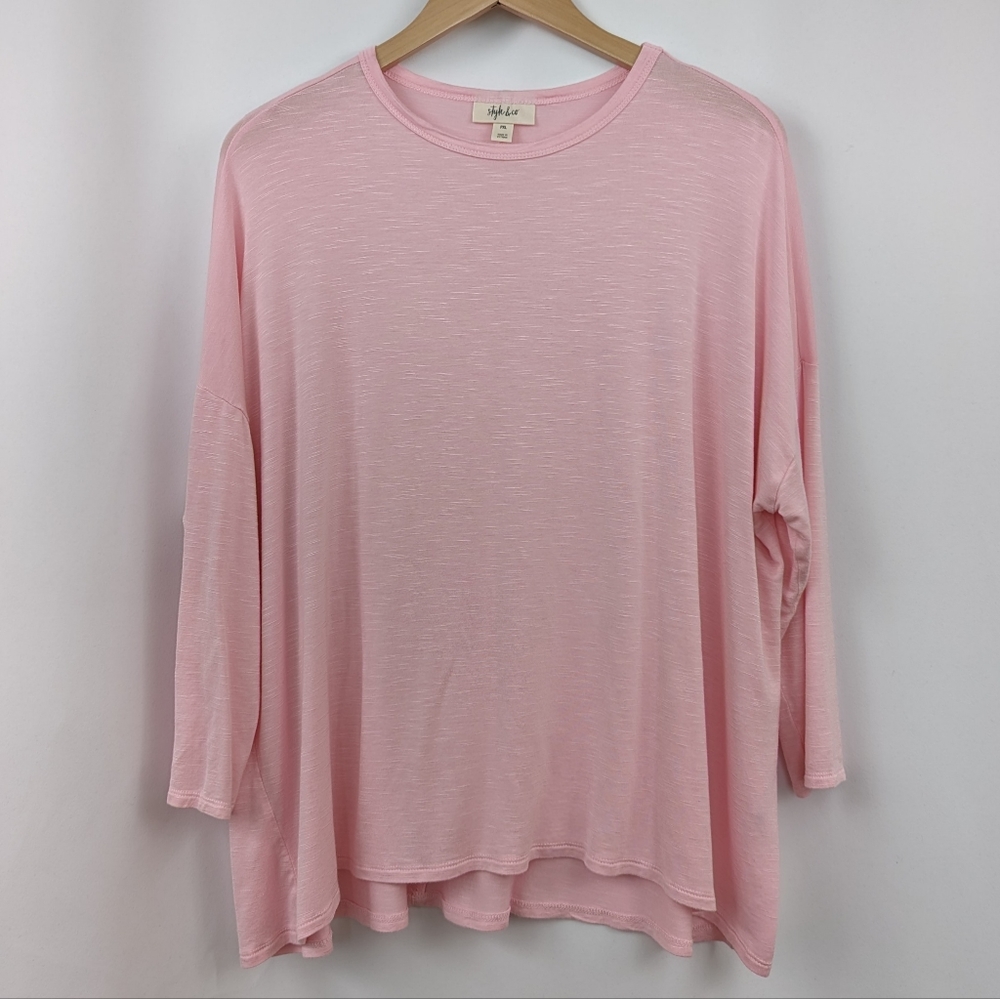 Style & Co Long Sleeve Tee Stretchy Crew Neck Semi-Sheer Hibiscus Pink Petite XL